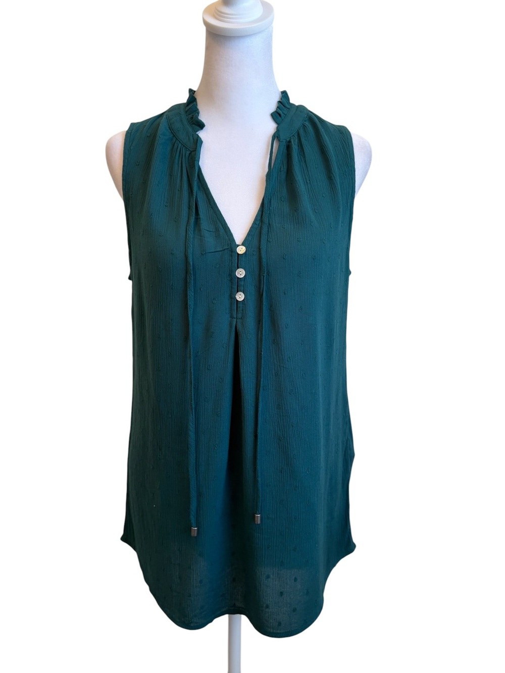 XS Market & Spruce Green Sleeveless Ruffle Swiss Dot Textured Top